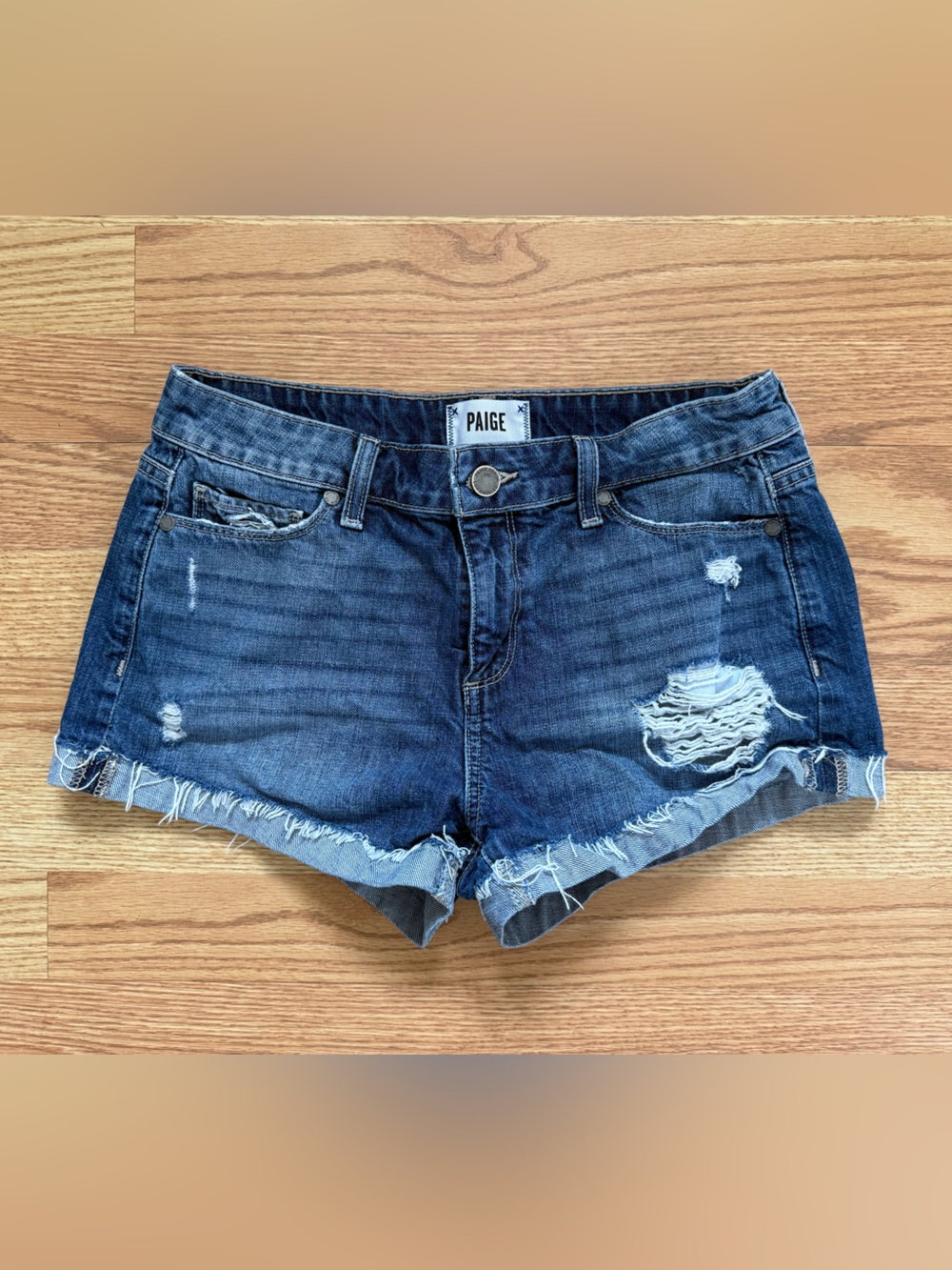 PAIGE Indigo Blue Distressed Denim Cutoff Shorts